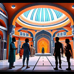 **

A vibrant, futuristic space colony scene. Diverse people from different Earth cultures mingle in a common area filled with advanced technology. Show elements of Bengali culture integrated into the architecture or clothing. The overall feel is optimistic and showcases a harmonious blend of old and new traditions in this off-world setting.

**