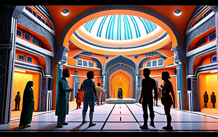 **
A vibrant, futuristic space colony scene. Diverse people from different Earth cultures mingle in a common area filled with advanced technology. Show elements of Bengali culture integrated into the architecture or clothing. The overall feel is optimistic and showcases a harmonious blend of old and new traditions in this off-world setting.
**