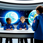 A group of diverse children in modest, futuristic uniforms, engaged in an interactive learning session within a brightly lit, circular classroom inside a space habitat. Holographic projections of planets and stars are visible around them, and one child is interacting with a transparent screen displaying a complex scientific model. The environment is clean and organized, with a distant view of Earth visible through a large, reinforced window. The atmosphere is one of curiosity and focused learning, safe for work, appropriate content, fully clothed, family-friendly, perfect anatomy, correct proportions, natural pose, well-formed hands, proper finger count, natural body proportions, professional photography, high quality.