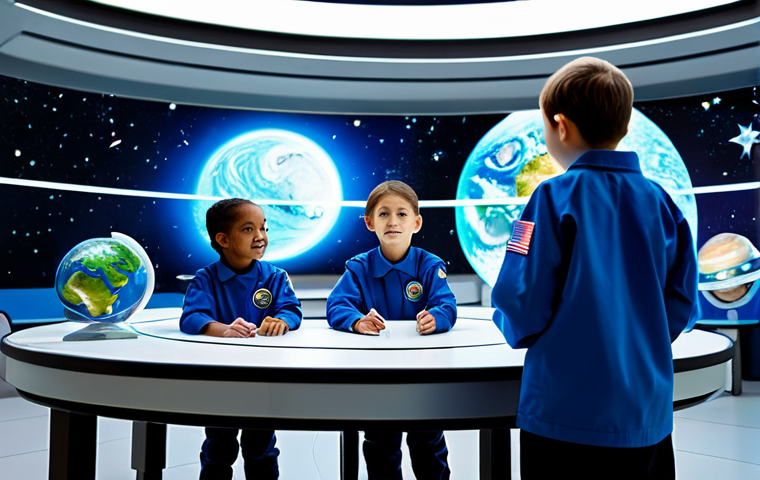 A group of diverse children in modest, futuristic uniforms, engaged in an interactive learning session within a brightly lit, circular classroom inside a space habitat. Holographic projections of planets and stars are visible around them, and one child is interacting with a transparent screen displaying a complex scientific model. The environment is clean and organized, with a distant view of Earth visible through a large, reinforced window. The atmosphere is one of curiosity and focused learning, safe for work, appropriate content, fully clothed, family-friendly, perfect anatomy, correct proportions, natural pose, well-formed hands, proper finger count, natural body proportions, professional photography, high quality.
