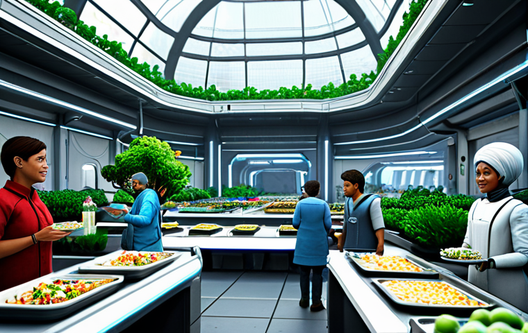 **

"A vibrant, bustling space colony marketplace. Citizens from diverse backgrounds are interacting, trading goods, and enjoying a community meal. Robots assist vendors and maintain order. The scene is filled with futuristic architecture and lush hydroponic gardens. Everyone is fully clothed in modest, practical attire suitable for space living.  Safe for work, appropriate content, family-friendly, professional, perfect anatomy, correct proportions, well-formed hands, proper finger count, natural body proportions, high-quality rendering, detailed environment."

**