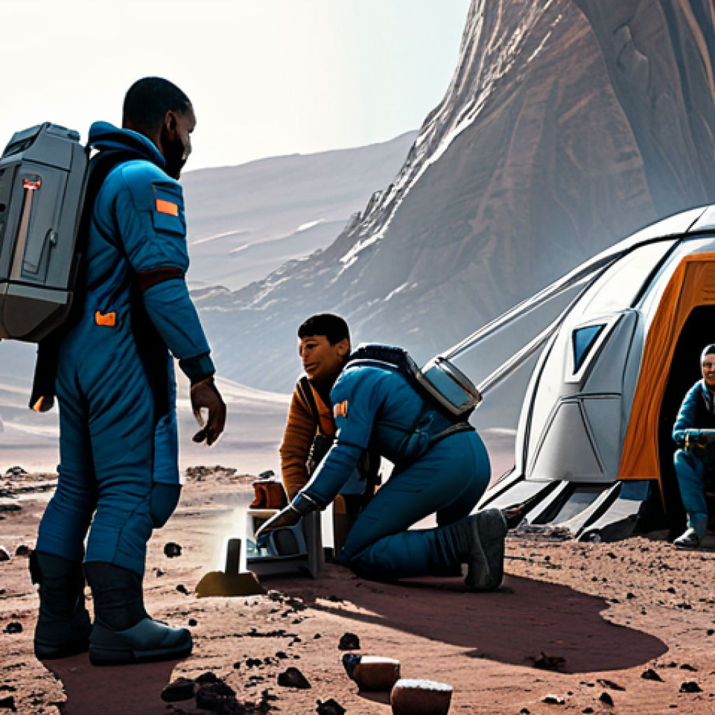 A group of diverse, fully clothed space colonists working together to build a shelter on a new, Earth-like planet. Appropriate attire, safe for work. The scene shows hope and determination, with a backdrop of an alien landscape. Perfect anatomy, natural proportions, professional quality. Family-friendly, modest clothing.