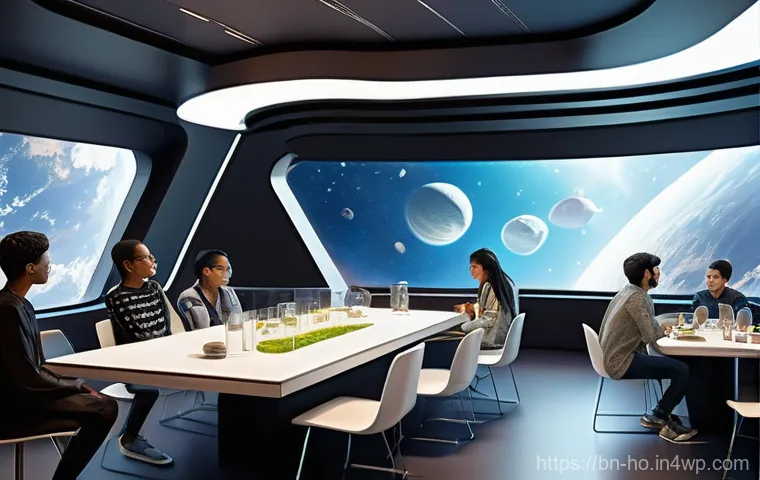 우주 식민지의 정치적 합의와 윤리적 기준 - **Prompt 1: "The Genesis of a Space Community"**
    A vibrant, futuristic space settlement interior...