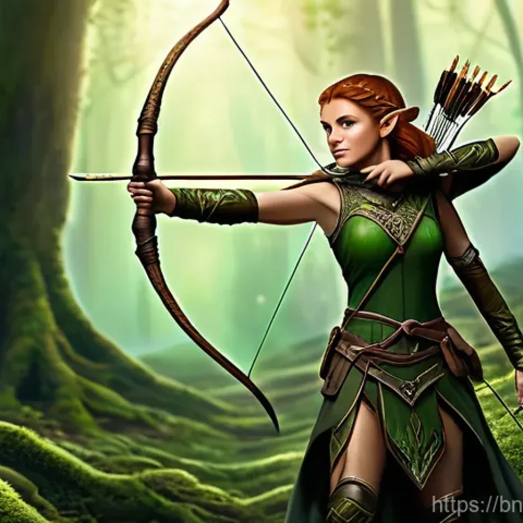 우주 식민지 개발에 따른 외계 생명체와의 관계 - **Enchanted Forest Elf Archer**: A majestic, young female wood elf archer stands gracefully amidst a...
