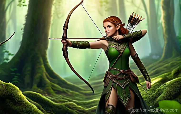 우주 식민지 개발에 따른 외계 생명체와의 관계 - **Enchanted Forest Elf Archer**: A majestic, young female wood elf archer stands gracefully amidst a...