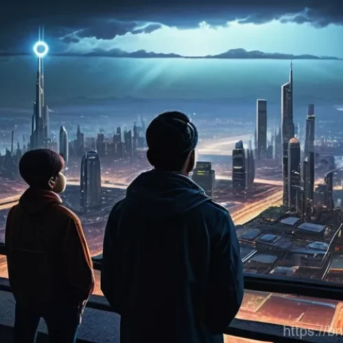 우주 식민지 개발의 긴급성과 도덕적 책임 - **Prompt:** A diverse group of people, dressed in modern yet slightly futuristic casual clothing, st...