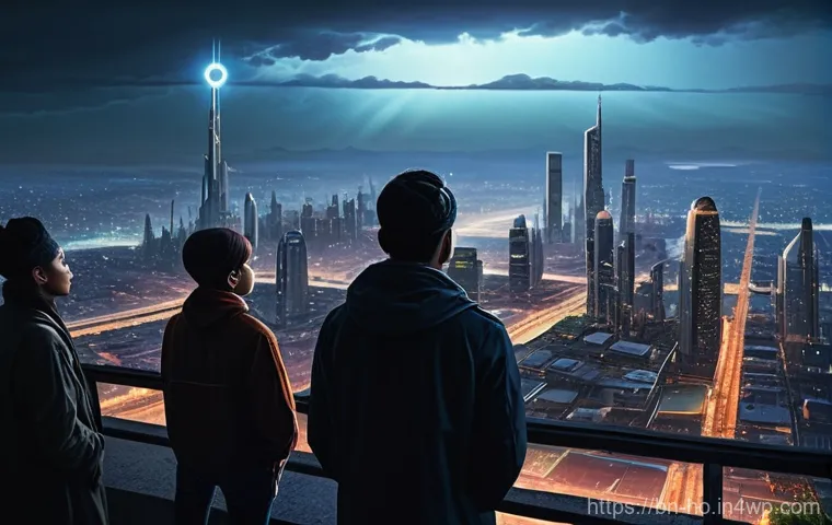 우주 식민지 개발의 긴급성과 도덕적 책임 - **Prompt:** A diverse group of people, dressed in modern yet slightly futuristic casual clothing, st...