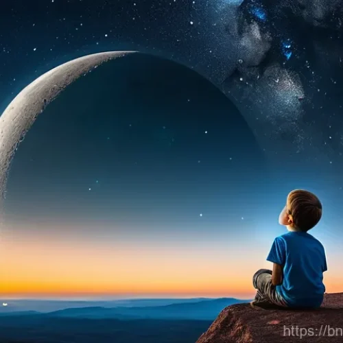 우주 식민지와 경제적 불균형의 윤리적 대응 - **Prompt:** A young child, approximately 8-10 years old, from a modest but clean background, gazes u...