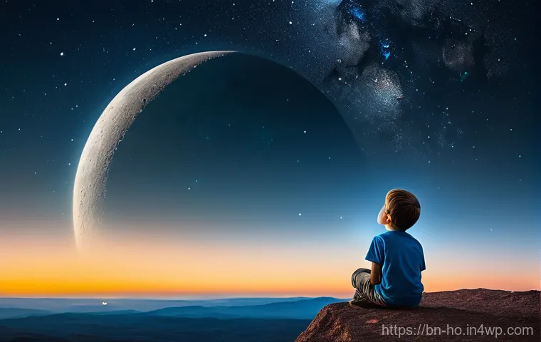 우주 식민지와 경제적 불균형의 윤리적 대응 - **Prompt:** A young child, approximately 8-10 years old, from a modest but clean background, gazes u...