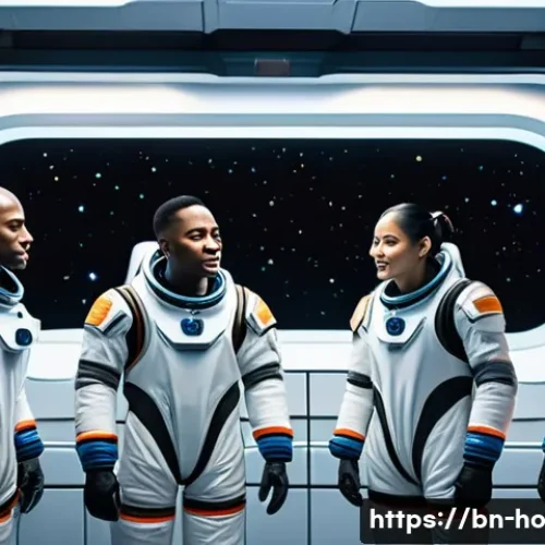 우주 식민지에서의 성소수자 권리와 윤리 - A diverse group of astronauts aboard a futuristic space station, representing various gender identit...