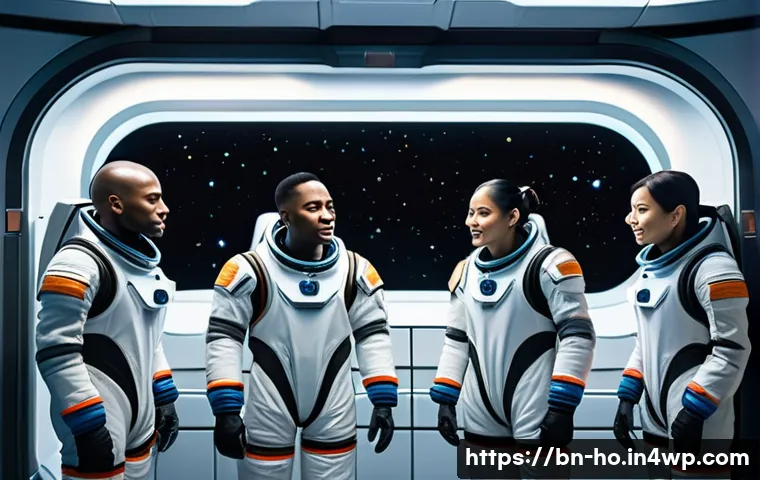 우주 식민지에서의 성소수자 권리와 윤리 - A diverse group of astronauts aboard a futuristic space station, representing various gender identit...