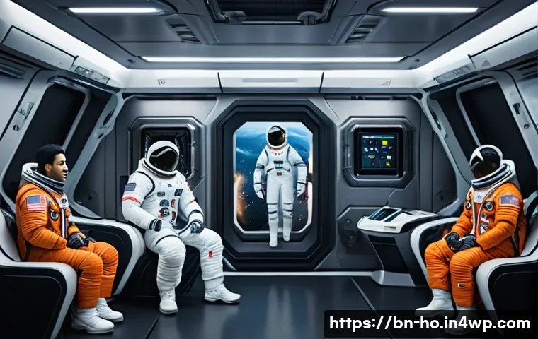우주 식민지에서의 사회적 계약과 윤리적 측면 - A futuristic space habitat interior showing a diverse group of Bengali-speaking astronauts in their ...