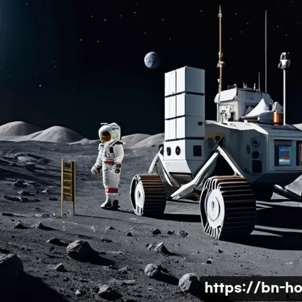 우주 식민지 개발에 대한 국제법적 고찰 - A futuristic lunar mining colony under a starry space sky, featuring advanced habitat modules and mi...