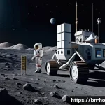 우주 식민지 개발에 대한 국제법적 고찰 - A futuristic lunar mining colony under a starry space sky, featuring advanced habitat modules and mi...