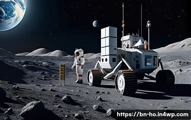 우주 식민지 개발에 대한 국제법적 고찰 - A futuristic lunar mining colony under a starry space sky, featuring advanced habitat modules and mi...