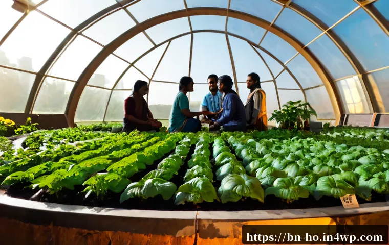 Home 17 우주 식민지에서의 평화적 상생과 윤리적 접근 - Photorealistic peaceful space colony community garden inside a vast glass biodome on Mars, diverse a...